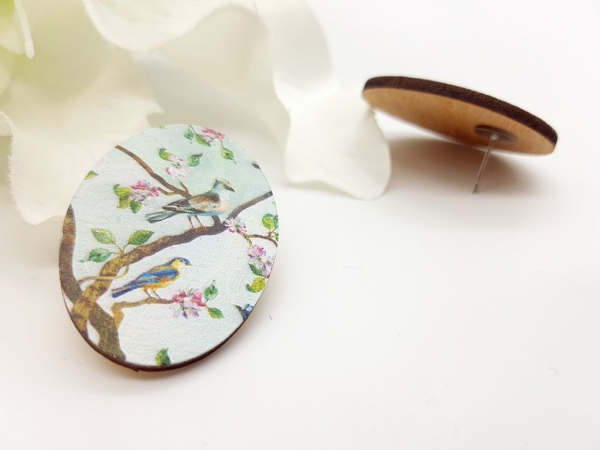 Große, ovale Holz Ohrstecker Vögel